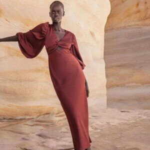 NEW Shona Joy Luxe Twist Ballon Sleeve Cut Out Midi Dress, Size 8